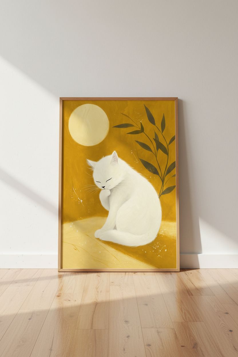 White Cat Moonlit Folk Art | Mustard Yellow Poster, Bedroom & Nursery Wall Decor