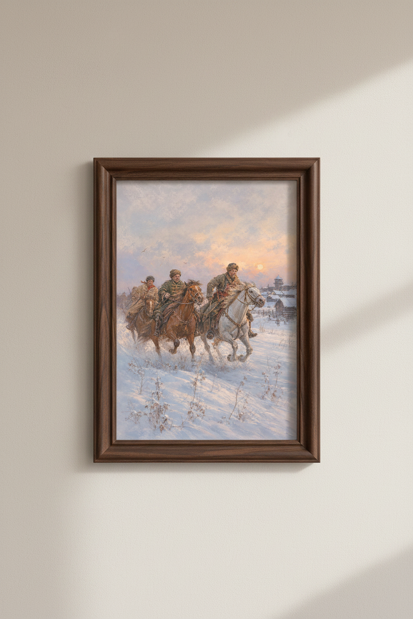 Cossack horsemen art | Winter palette, dramatic sky, living room decor