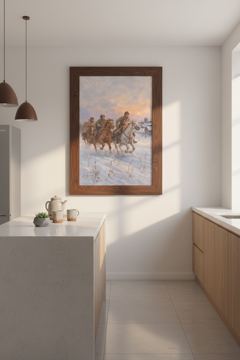 Cossack horsemen art | Winter palette, dramatic sky, living room decor