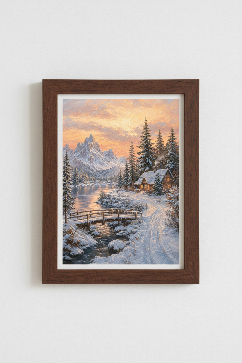 Oil Painting Winter Landscape Wall Art Print | Living Room Decor | Cozy Snow Poster