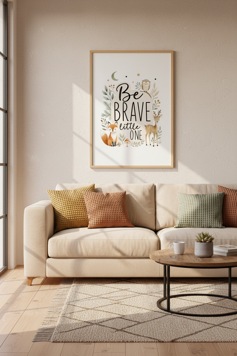 Be Brave Little One Woodland Art | Neutral Forest Animal Print, Nursery Decor