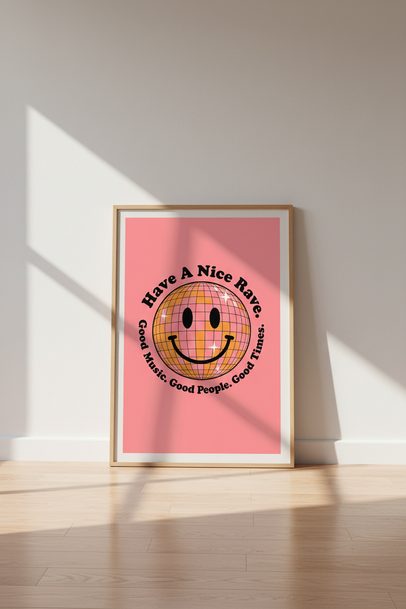 Disco Ball Smiley Wall Art | Pink Retro Rave Poster, Groovy Music Decor