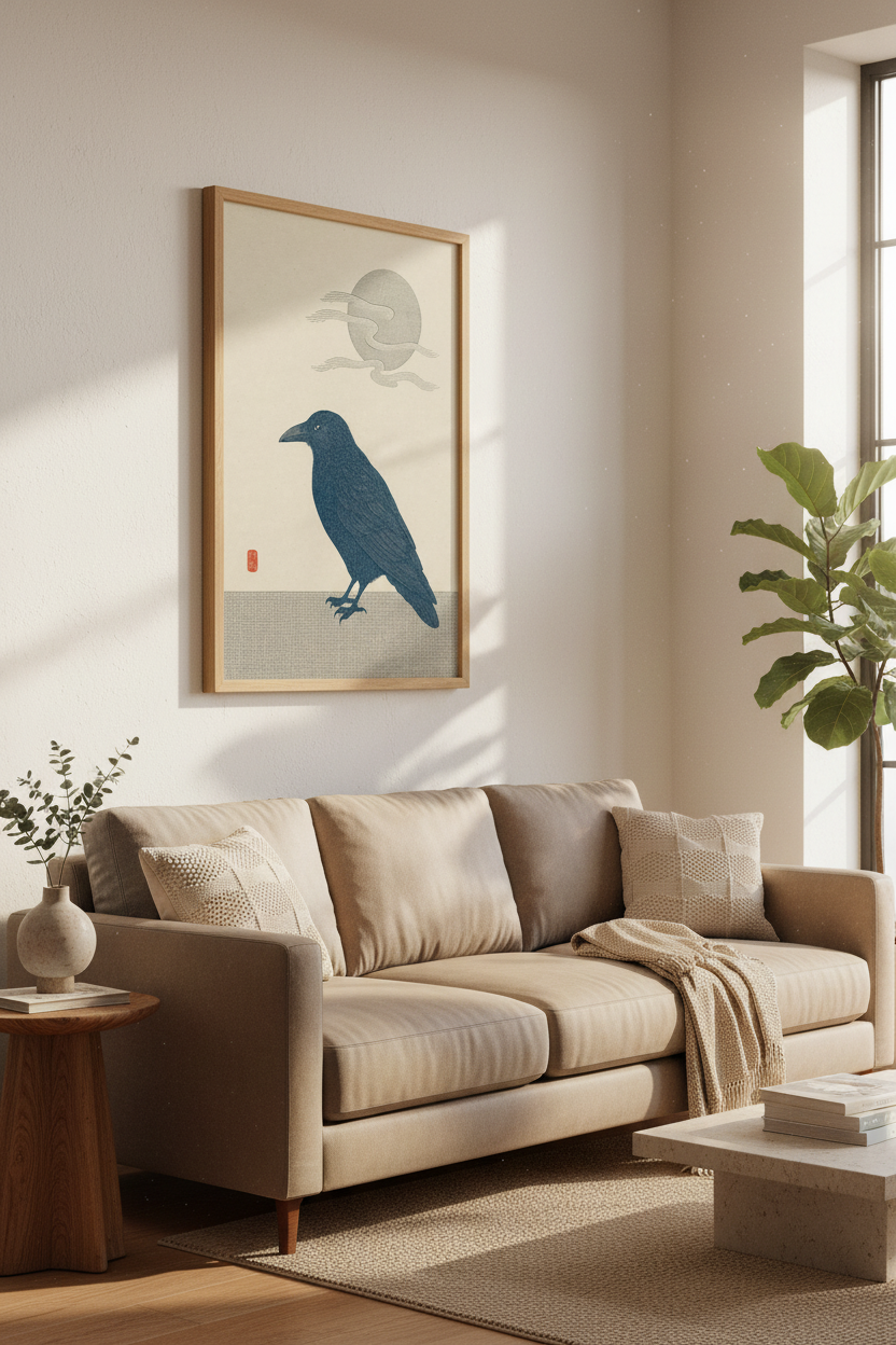 Japanese Crow Wall Art | Minimalist Raven Woodblock Style, Zen Home Office Decor