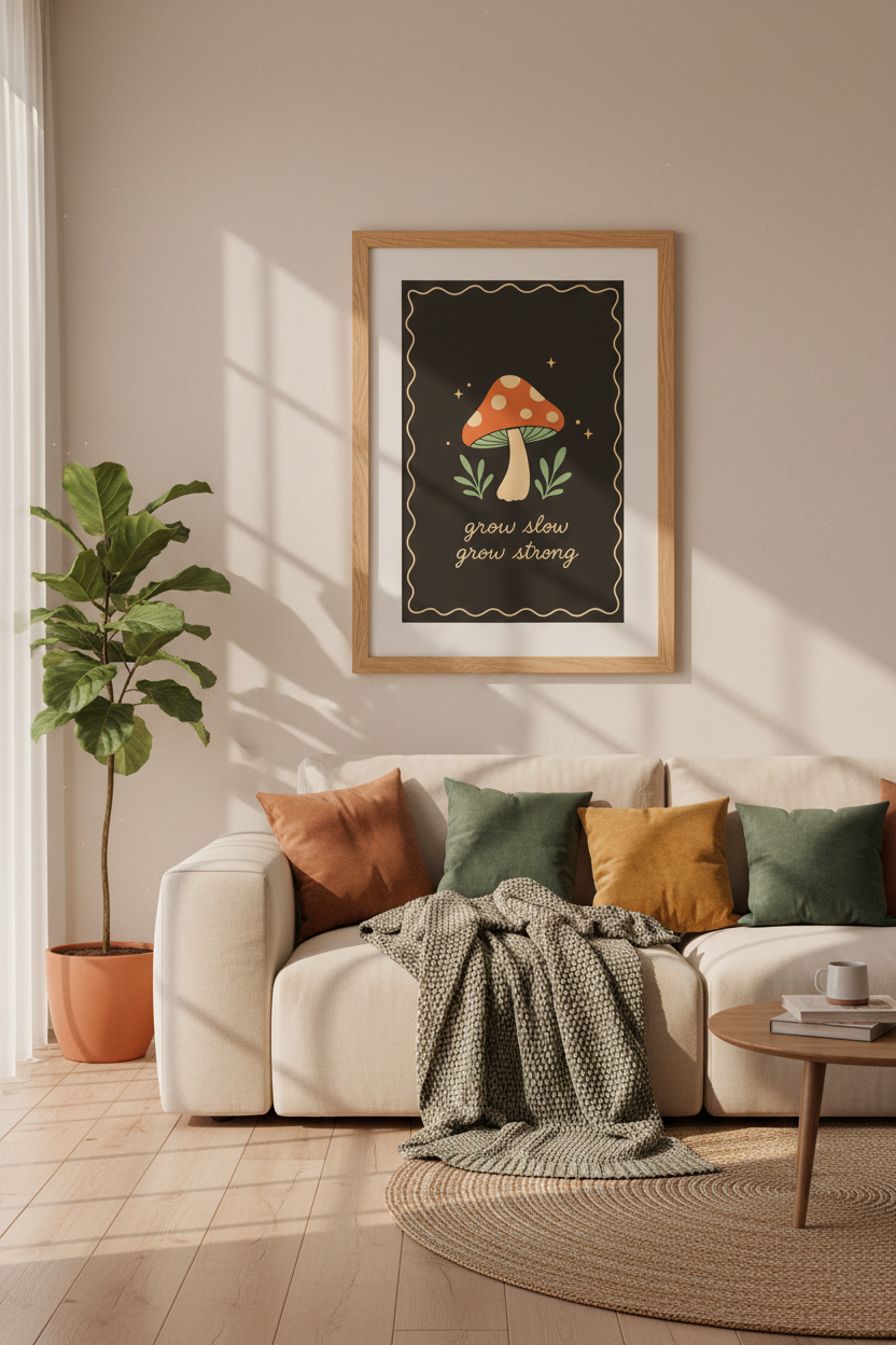 Retro Mushroom Wall Art | Grow Slow Grow Strong Poster, Boho Dark Academia Decor