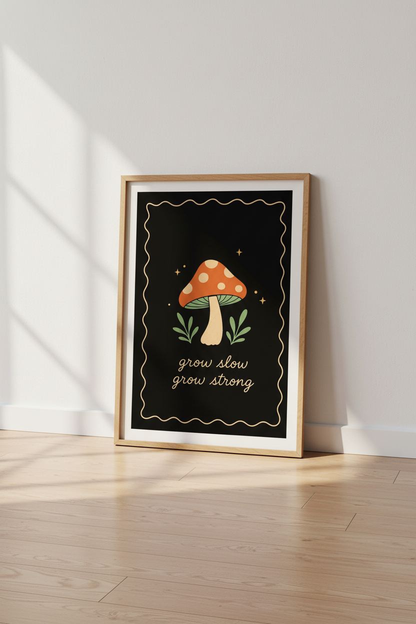 Retro Mushroom Wall Art | Grow Slow Grow Strong Poster, Boho Dark Academia Decor