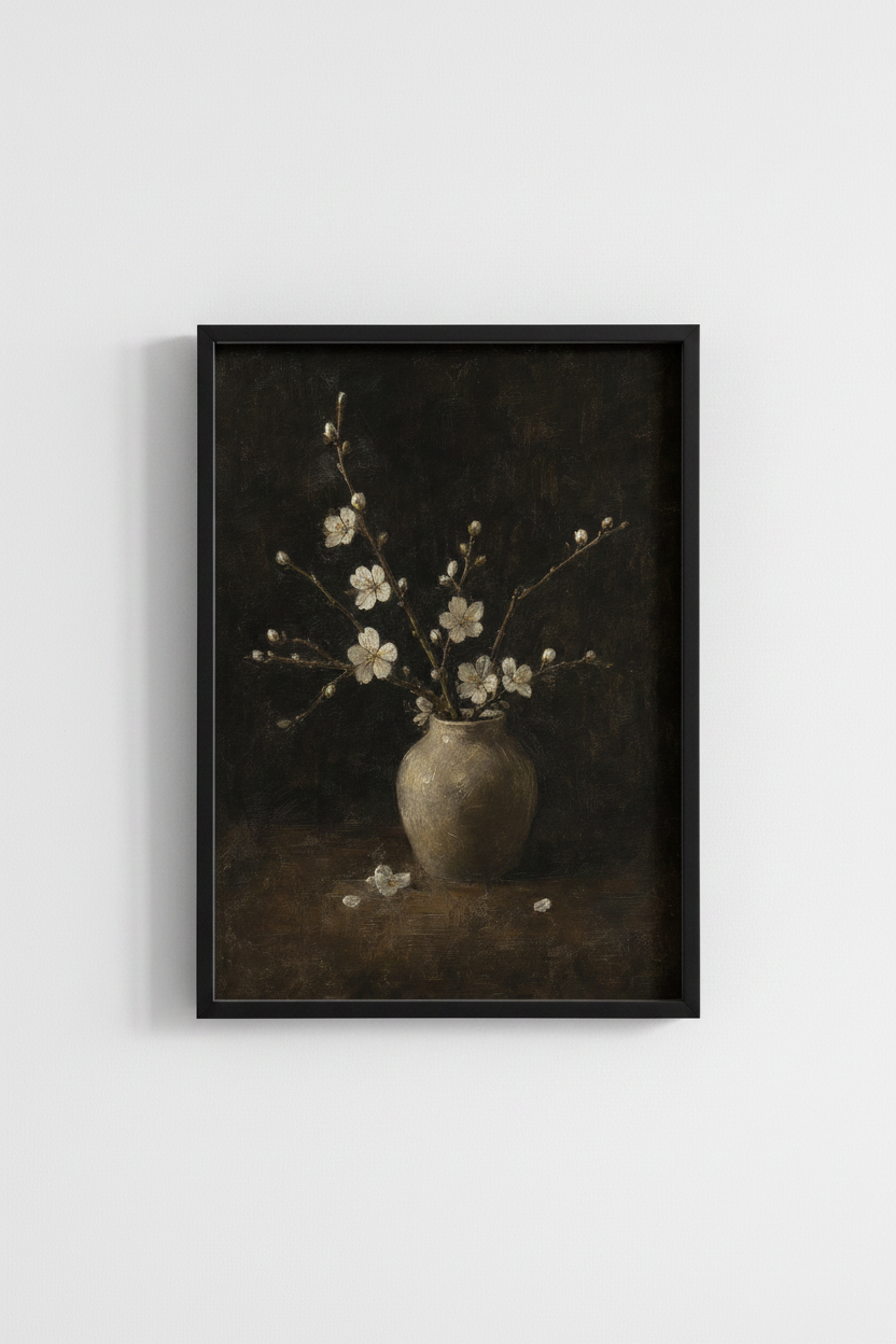 White Blossom Oil Painting | Moody Floral Still Life Art, Dark Academia Decor