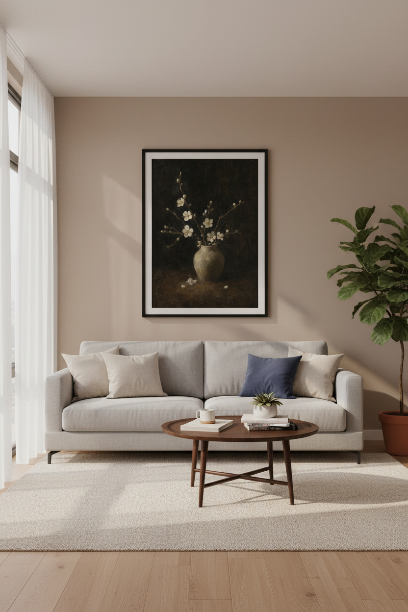 White Blossom Oil Painting | Moody Floral Still Life Art, Dark Academia Decor