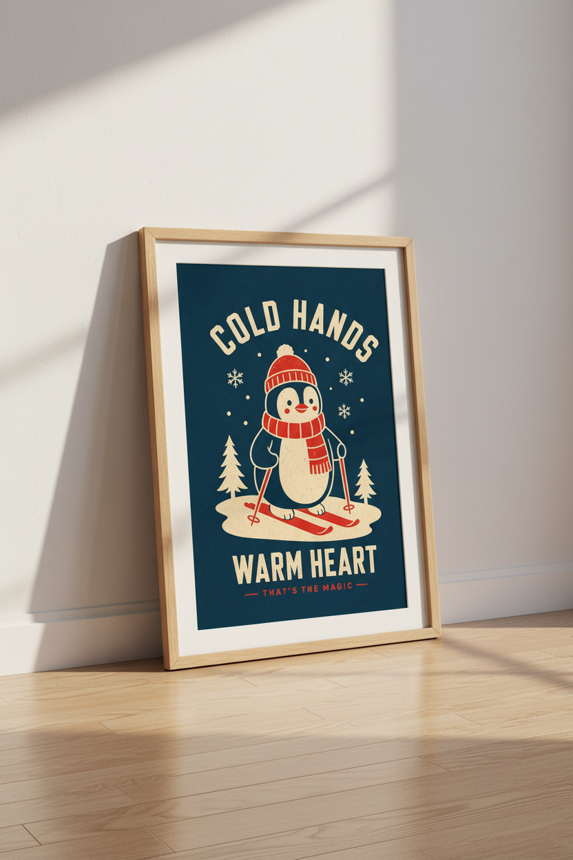 Skiing Penguin Wall Art | Retro Nursery Decor | Cold Hands Warm Heart Poster