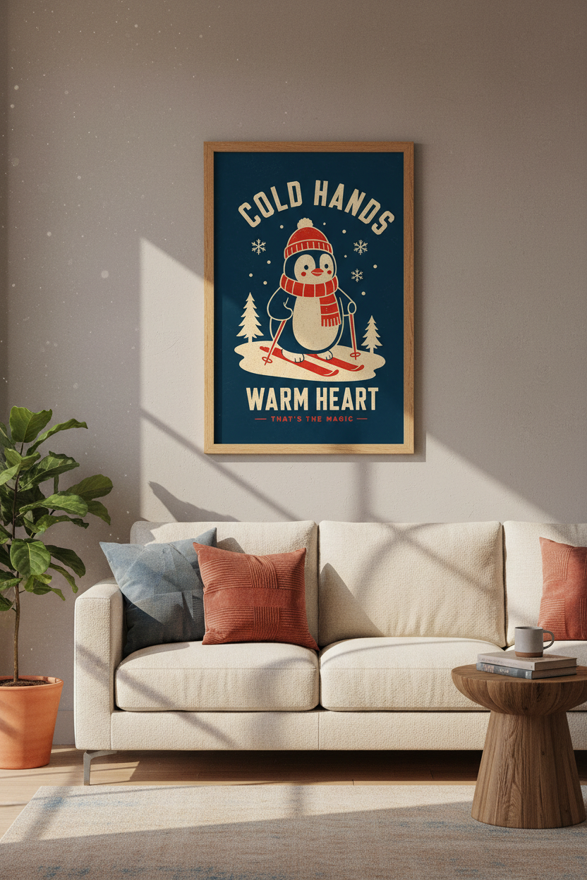 Skiing Penguin Wall Art | Retro Nursery Decor | Cold Hands Warm Heart Poster