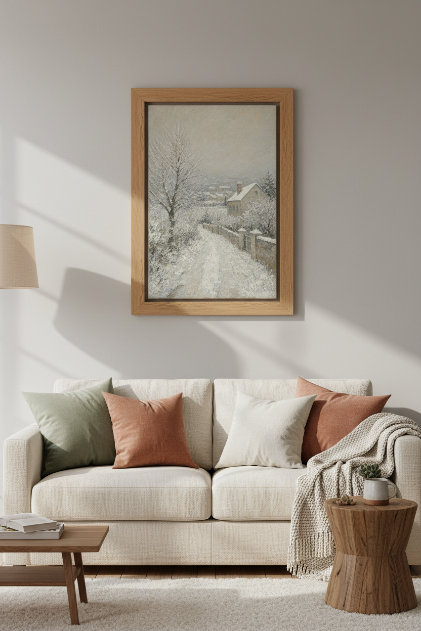 Winter Village Landscape | Impressionist Snowy Lane Wall Art, Neutral Farmhouse Decor