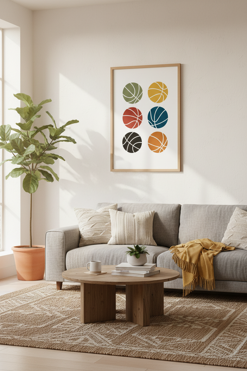 Minimalist Basketball Art Print | Modern Sports Decor | Earthy Retro Poster