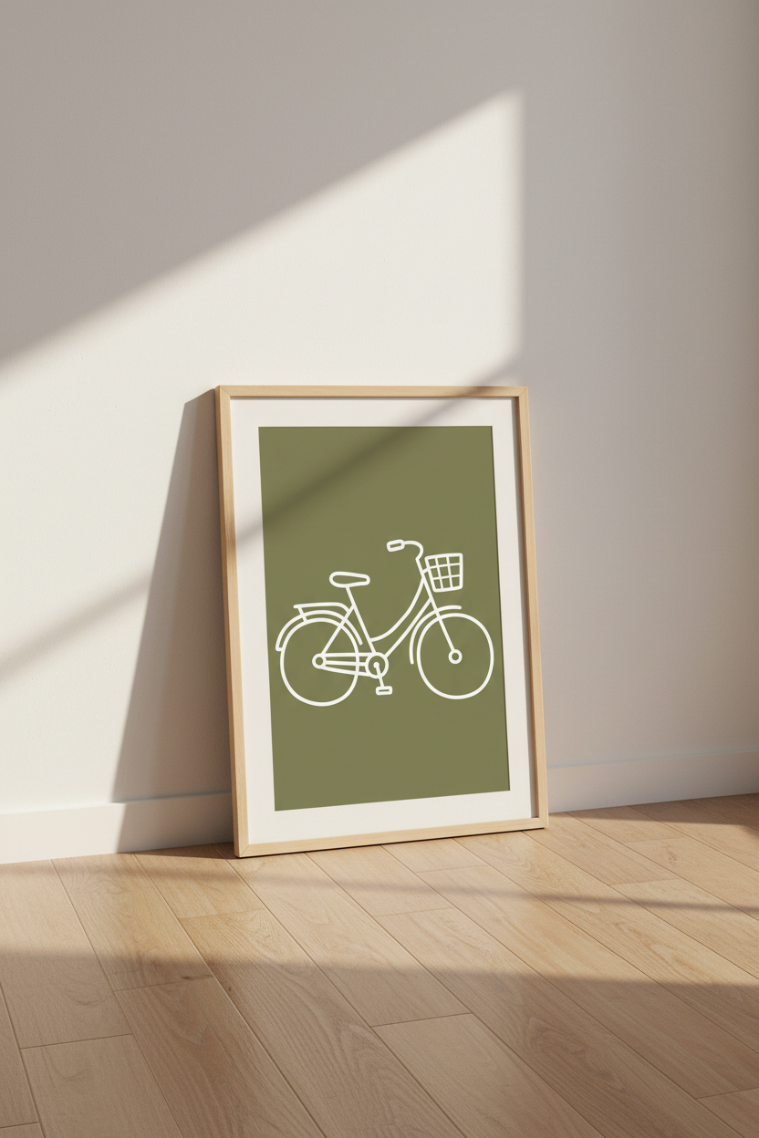 Bicycle Line Art Print | Sage Green Minimalist Poster | Modern Home Decor