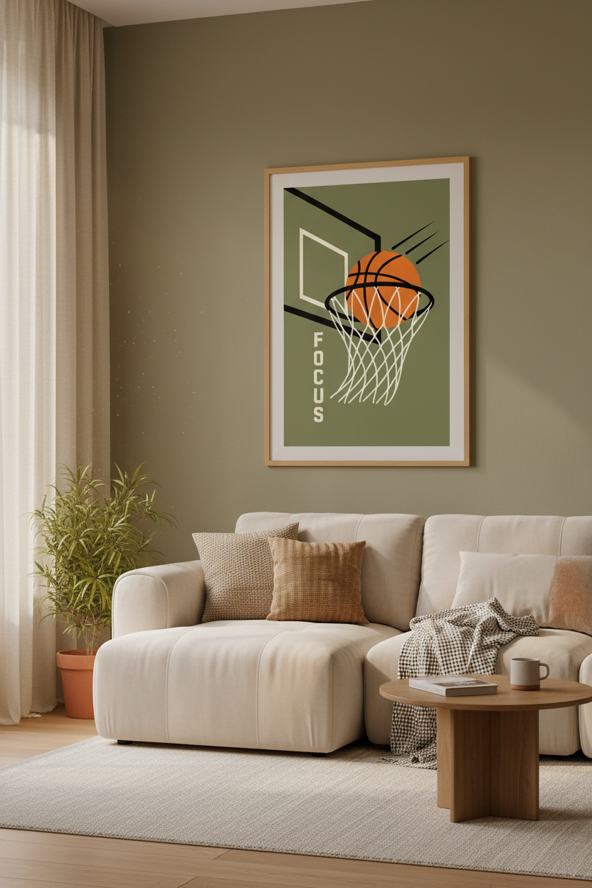 Basketball Focus Wall Art | Retro Sage Green Sports Poster, Boy Bedroom Decor