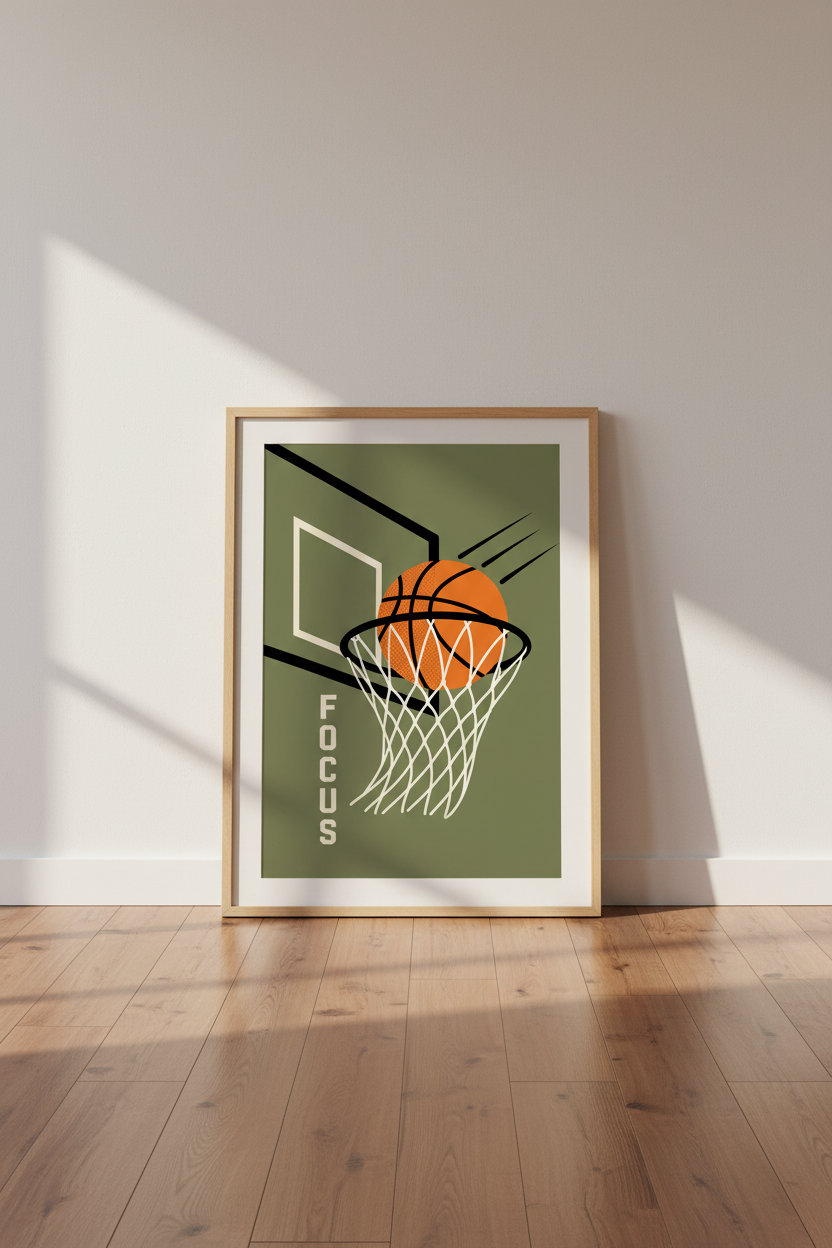 Basketball Focus Wall Art | Retro Sage Green Sports Poster, Boy Bedroom Decor