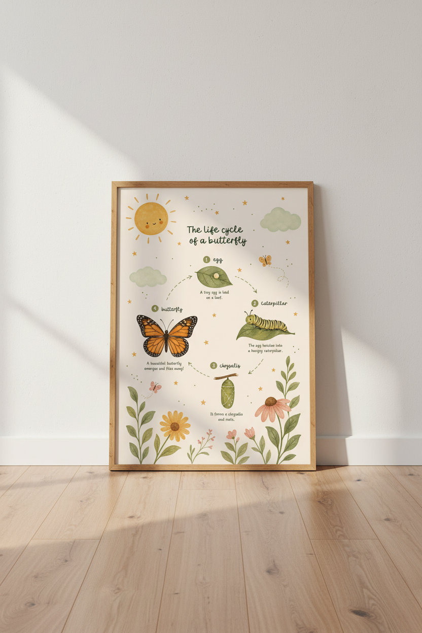 Butterfly Life Cycle Wall Art | Montessori Classroom Poster, Neutral Nursery Decor