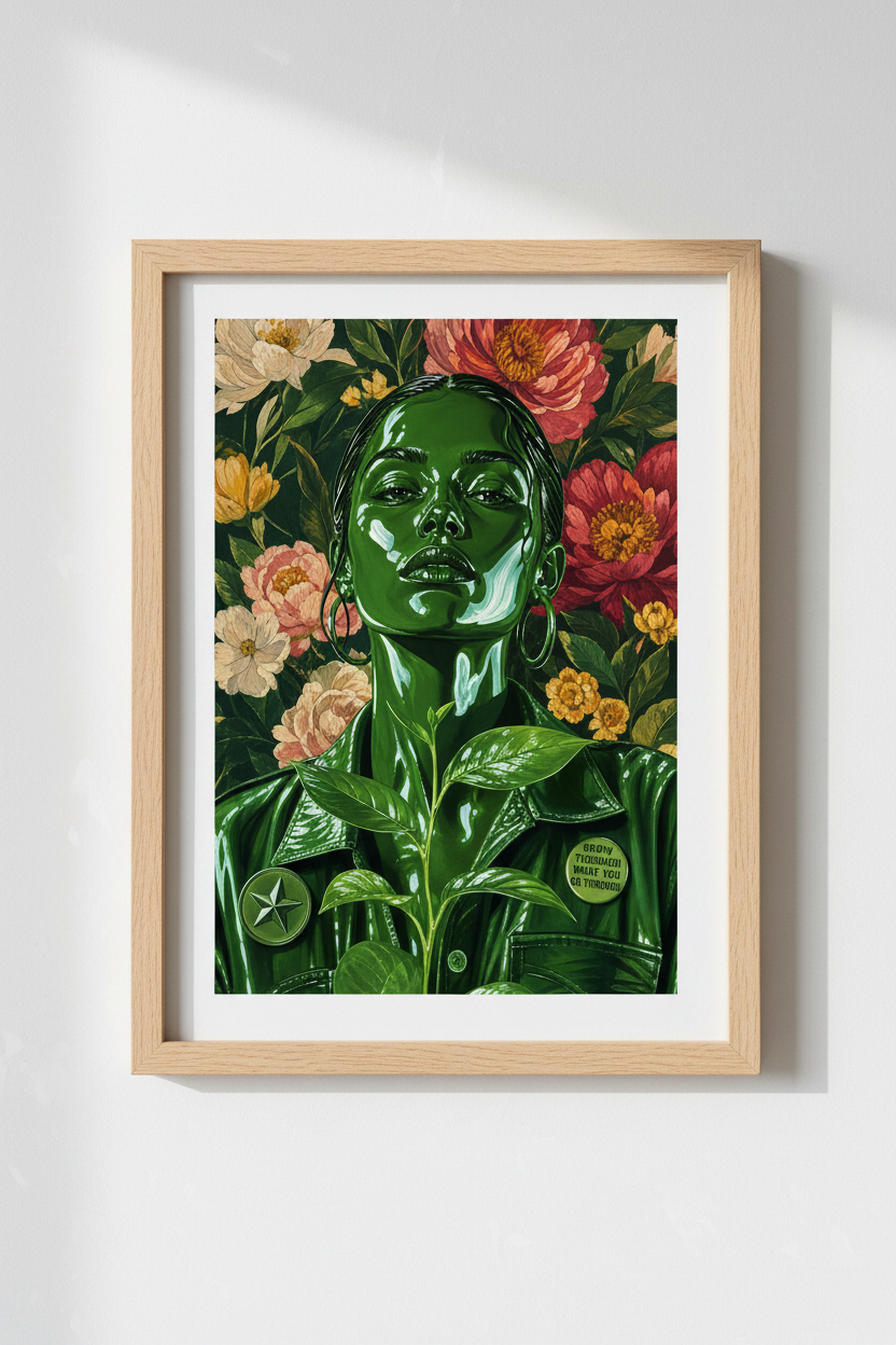Maximalist Floral Art Print | Emerald Green Woman Poster, Moody Botanical Decor