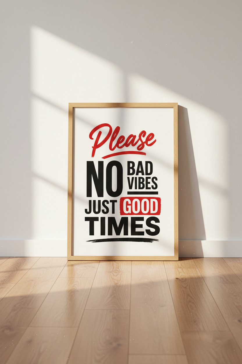 No Bad Vibes Good Times Wall Art | Red & Black Typography Poster | Modern Office Decor
