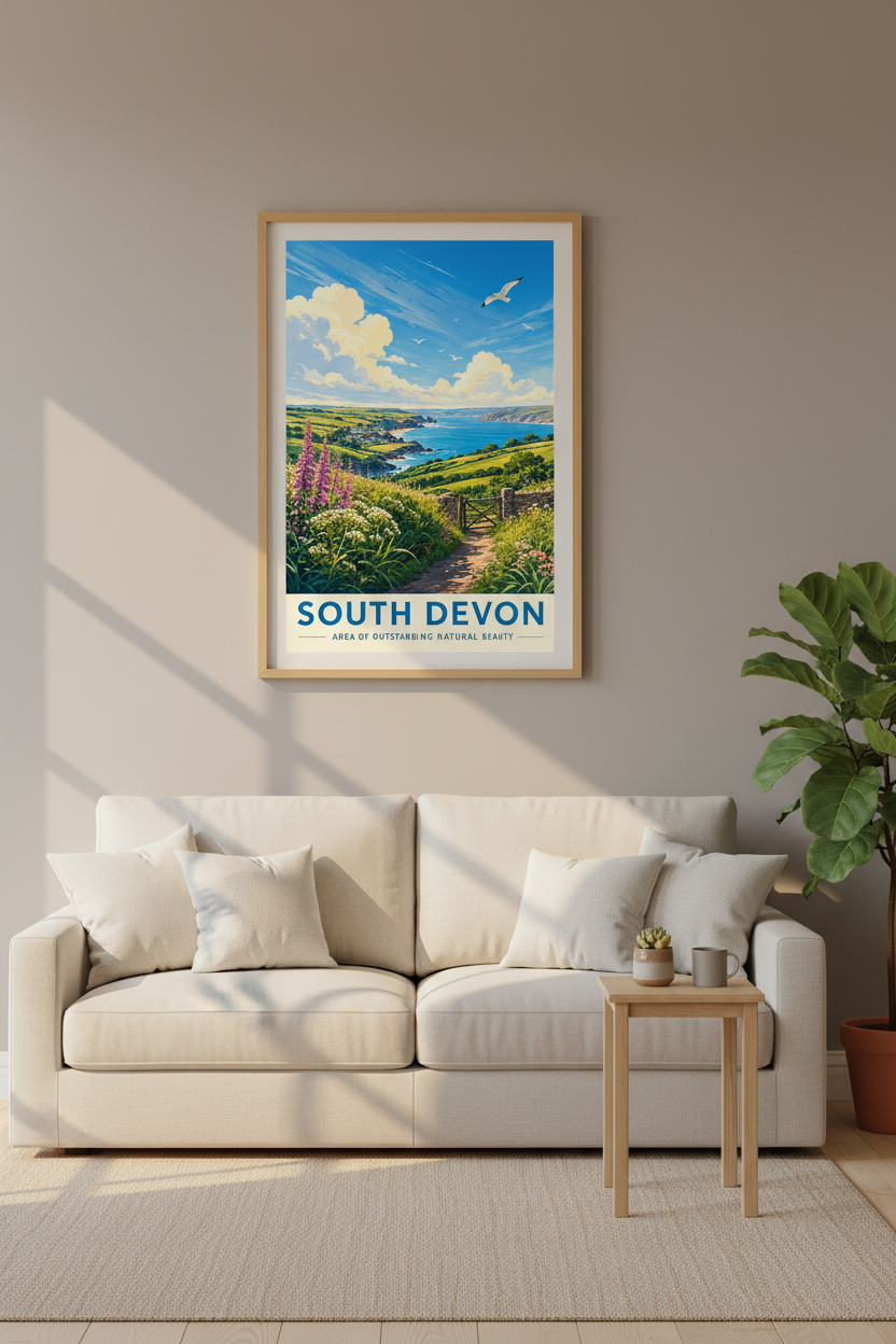 South Devon Travel Poster | Coastal Landscape Wall Art, Vintage Nature Print