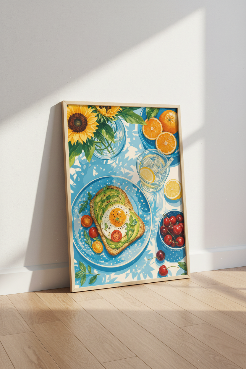 Colorful Kitchen Wall Art | Breakfast Avocado Toast Poster, Blue & Yellow Dining Decor
