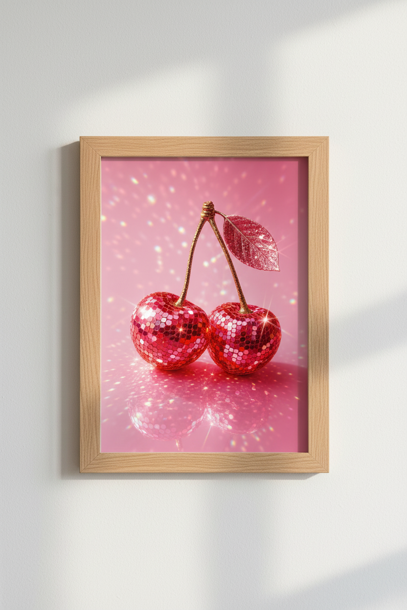 Pink Disco Cherry Wall Art Print | Preppy Room Decor | Glitter Aesthetic Poster