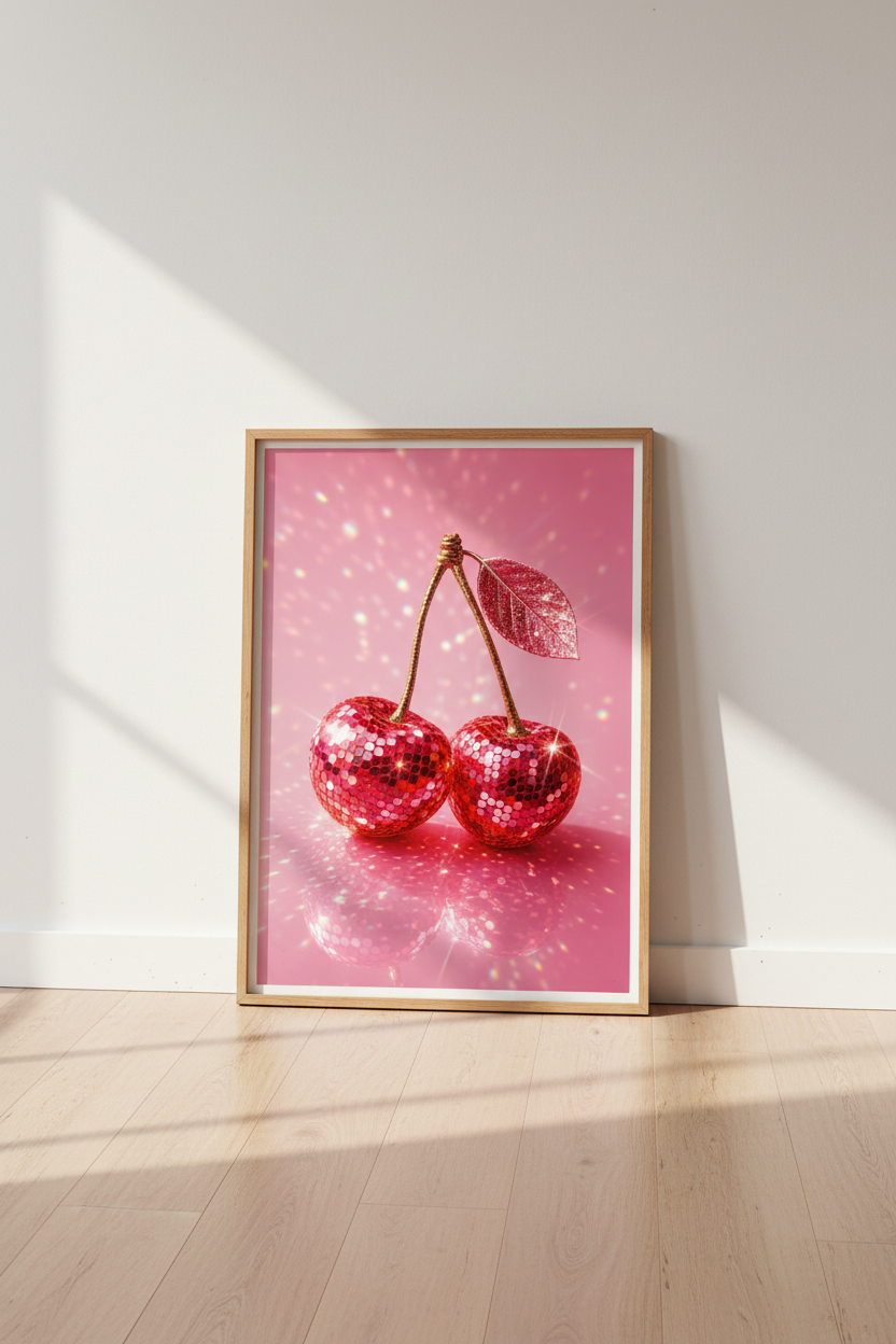 Pink Disco Cherry Wall Art Print | Preppy Room Decor | Glitter Aesthetic Poster