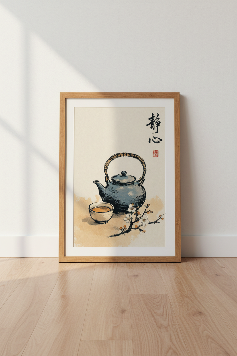 Japanese Teapot Ink Wall Art | Zen Kitchen Decor | Wabi Sabi Poster
