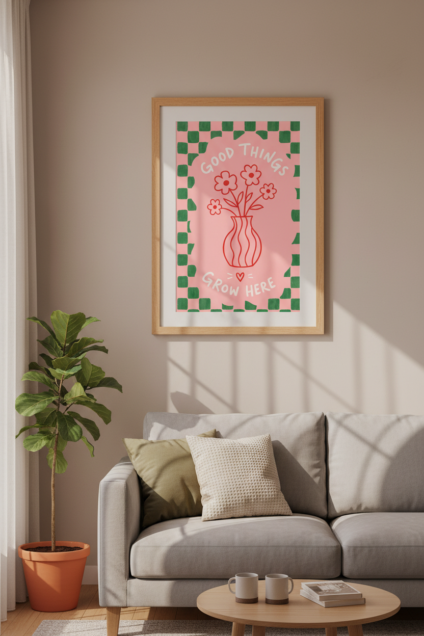 Good Things Grow Here Flower Print | Pink Green Checkered Poster, Preppy Room Decor