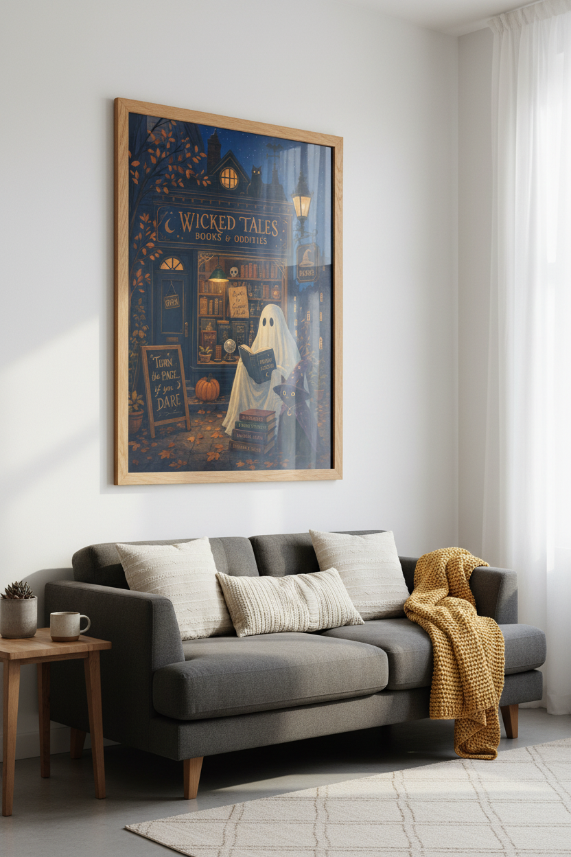 Whimsical Ghost Bookstore Wall Art | Dark Academia Halloween Print, Cozy Witchy Decor