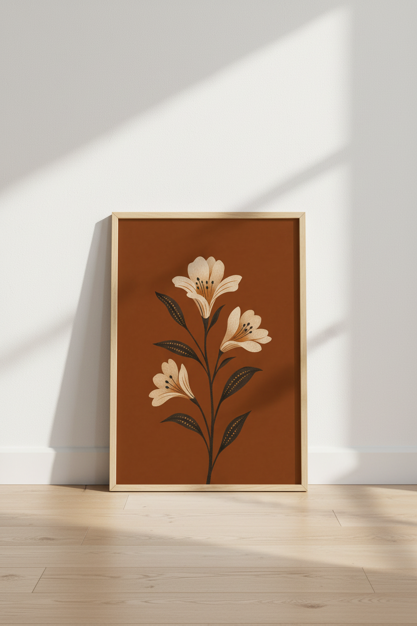 Boho Lily Flower Wall Art | Terracotta Botanical Print, Living Room Decor