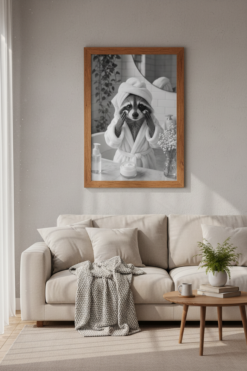 Raccoon Skincare Wall Art | Black & White Animal Poster, Funny Bathroom Decor