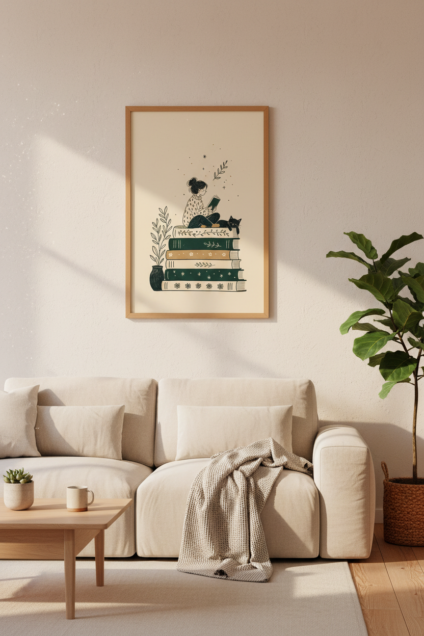 Girl Reading on Books Wall Art | Cozy Cat & Book Lover Poster, Library Decor