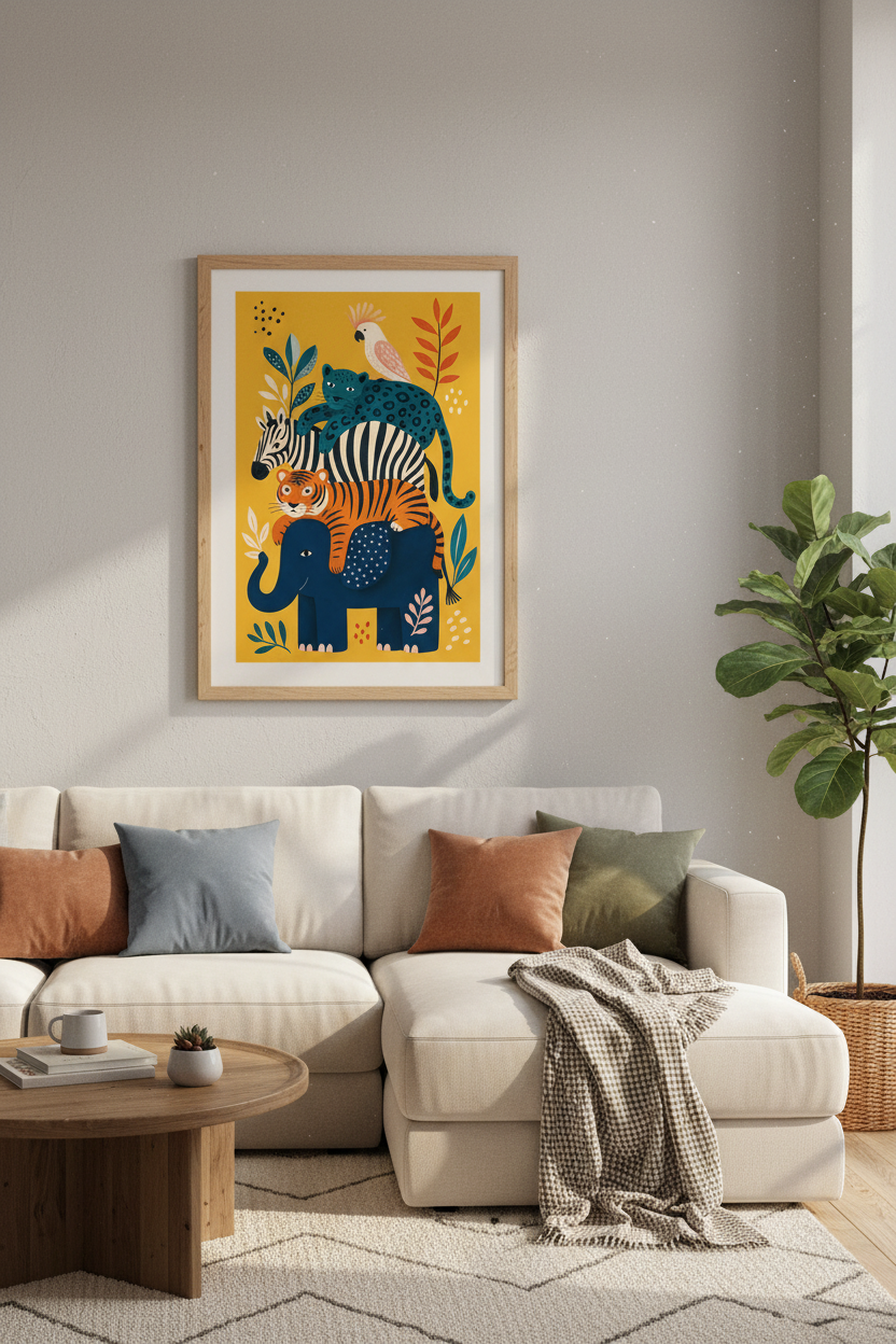 Jungle Animal Stack Wall Art | Nursery Decor | Colorful Safari Poster