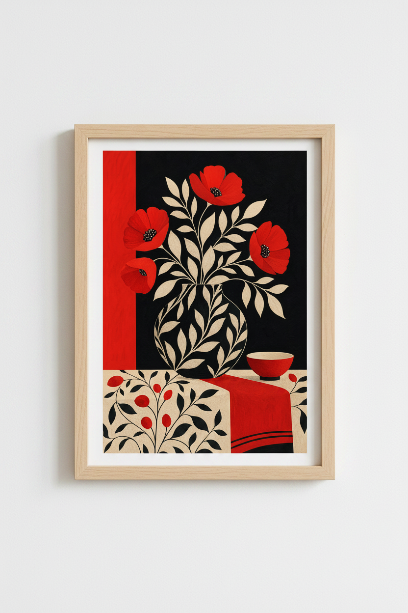 Red Poppy Wall Art | Bold Crimson-Black Palette, Living Space Decor