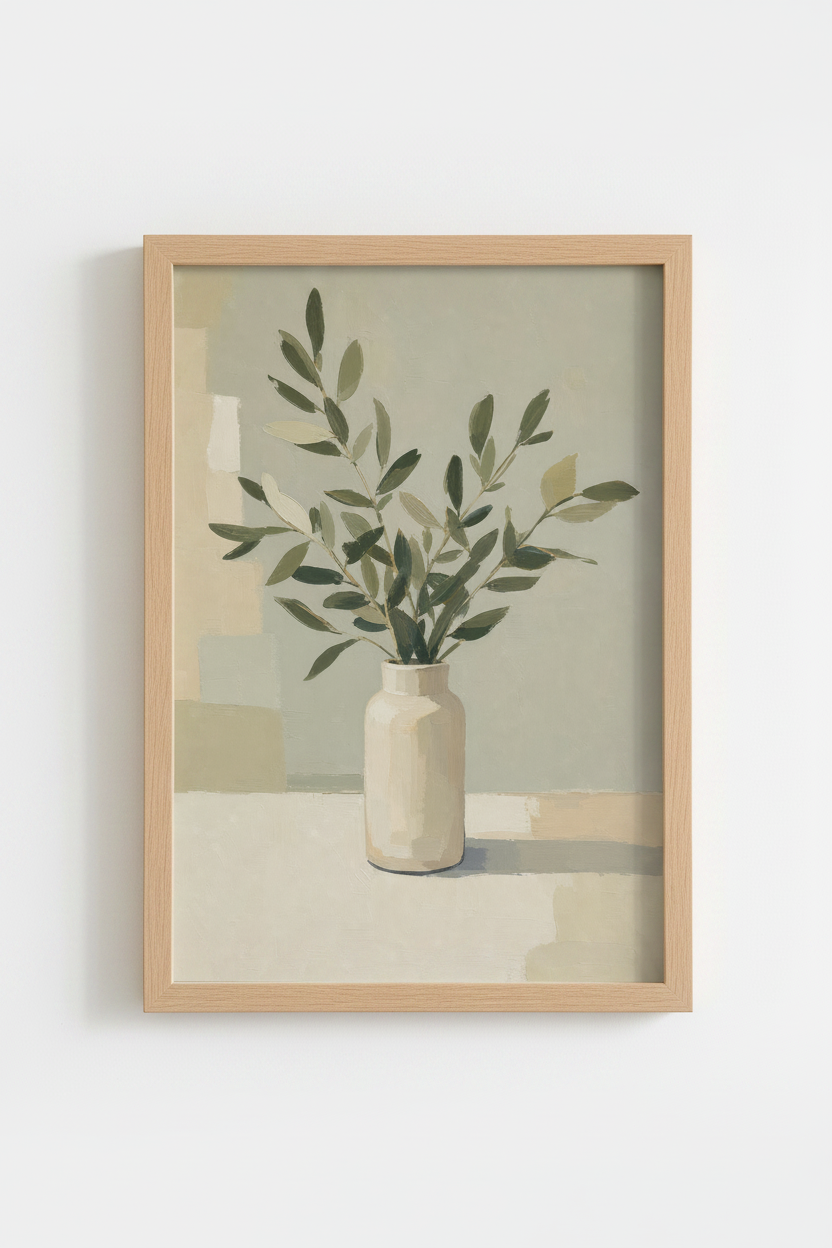 Sage Green Wall Art Print | Botanical Olive Branches, Minimalist Japandi Decor