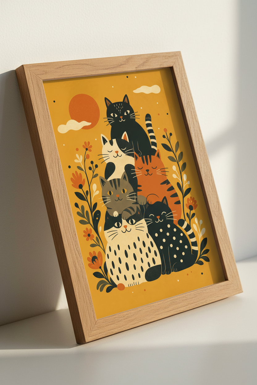 Mid Century Modern Cat Stack Wall Art | Boho Folk Art Poster | Whimsical Nursery Decor