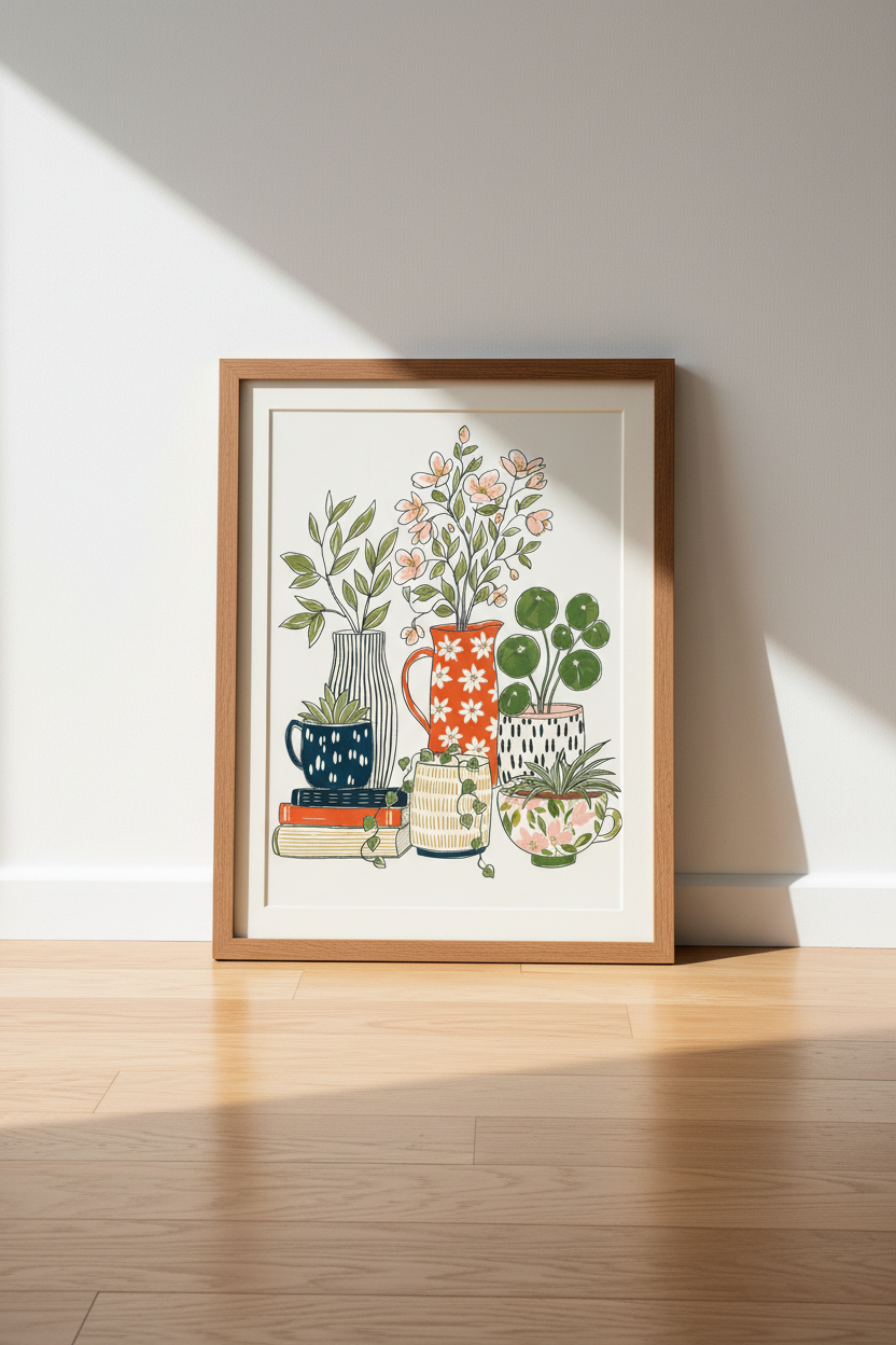 Potted Plants Illustration | Botanical Boho Floral Art | Living Room Decor Poster