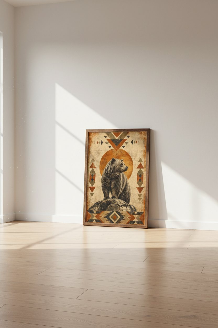 Rustic Grizzly Bear Wall Art | Southwest Geometric Poster, Cabin Decor