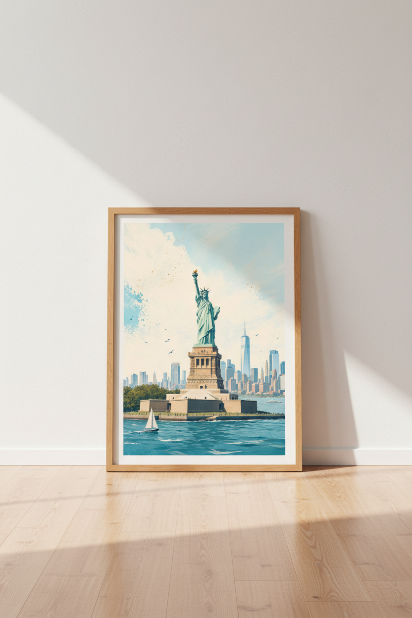 Statue of Liberty NYC Wall Art | Modern Blue Cityscape | New York Poster