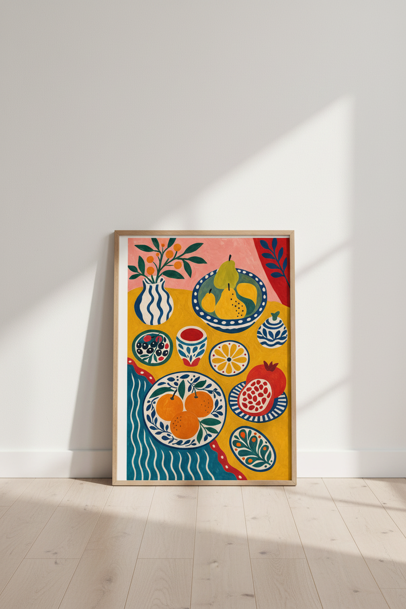 Mediterranean Fruit Still Life Print | Colorful Kitchen Wall Art | Maximalist Poster