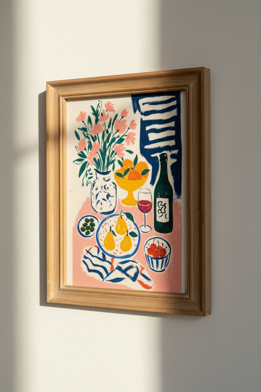 Mediterranean Still Life Art | Colorful Fruit & Wine Print, Kitchen Dining Decor