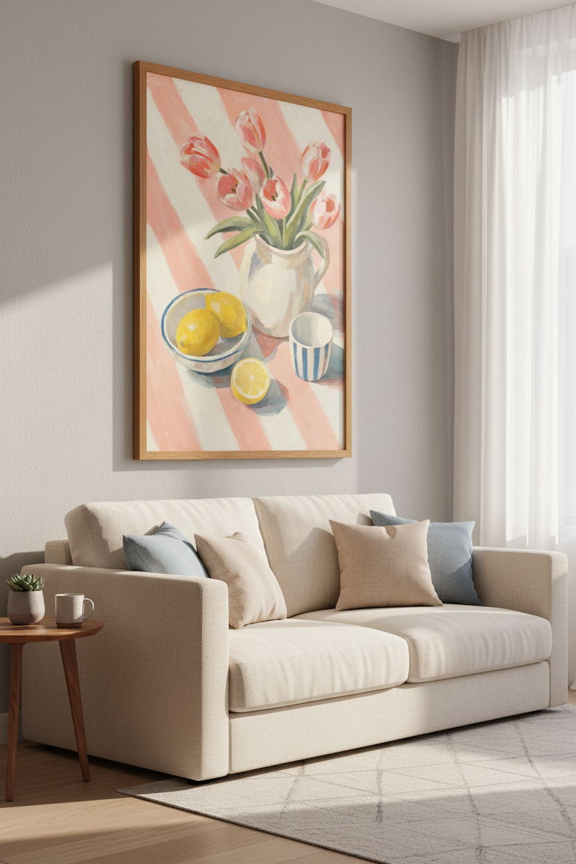 Pink Tulips and Lemons Still Life Wall Art | Kitchen Floral Decor | Pastel Coastal Poster