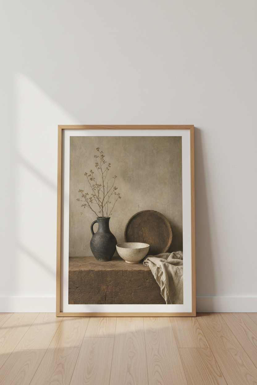 Rustic Still Life Pottery Wall Art | Earthy Neutral Decor | Moody Wabi Sabi Poster
