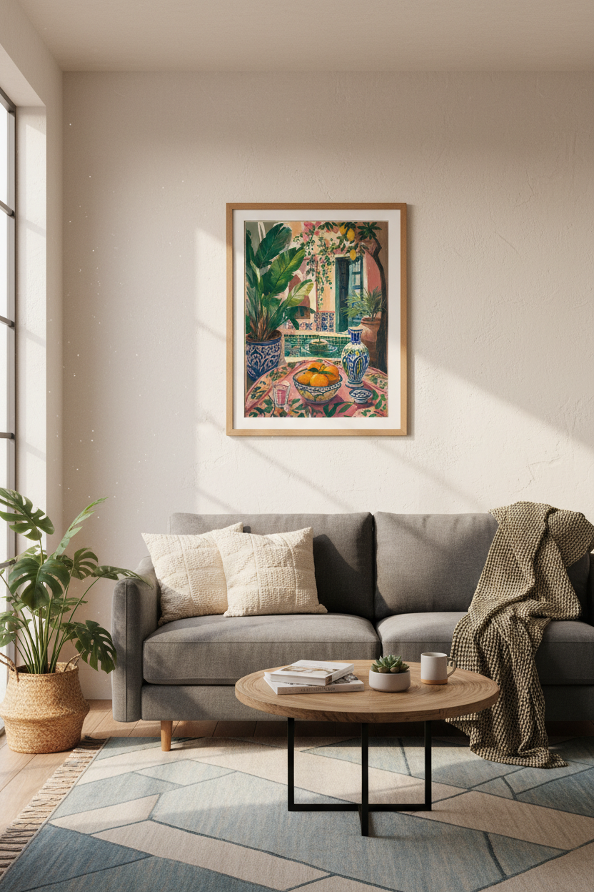Mediterranean Courtyard Wall Art | Pink & Blue Botanical Print | Coastal Kitchen Decor