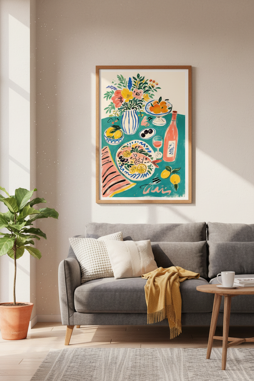 Mediterranean Still Life Wall Art | Colorful Kitchen Decor | Coastal Foodie Poster