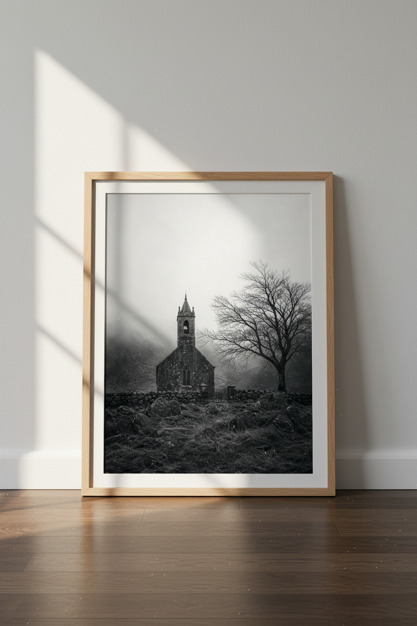 Gothic Church Wall Art Print | Dark Academia Moody Landscape, Foggy Chapel Poster