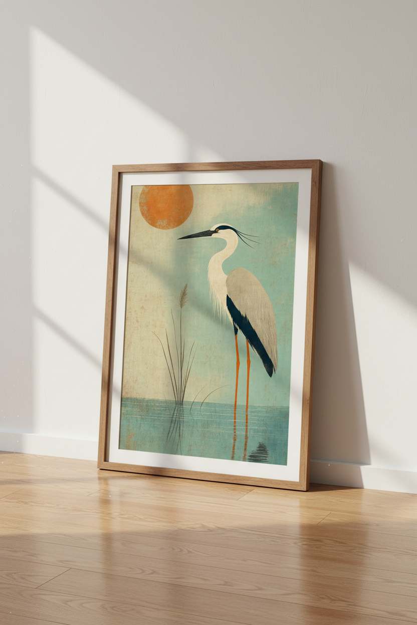 Great Heron Print | Mid-Century Modern Teal & Orange Bird Art, Living Room Decor