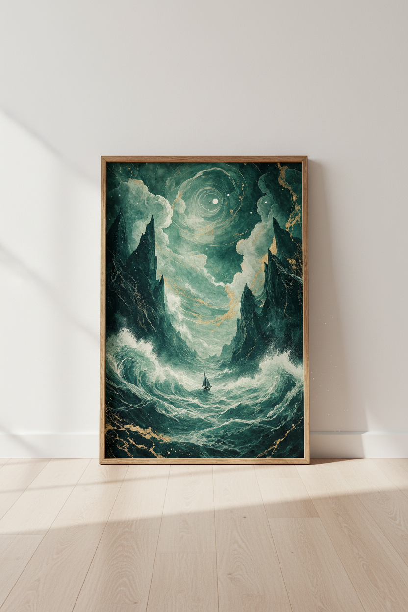 Emerald Sea Sailboat Wall Art | Teal & Gold Moody Seascape | Modern Coastal Decor