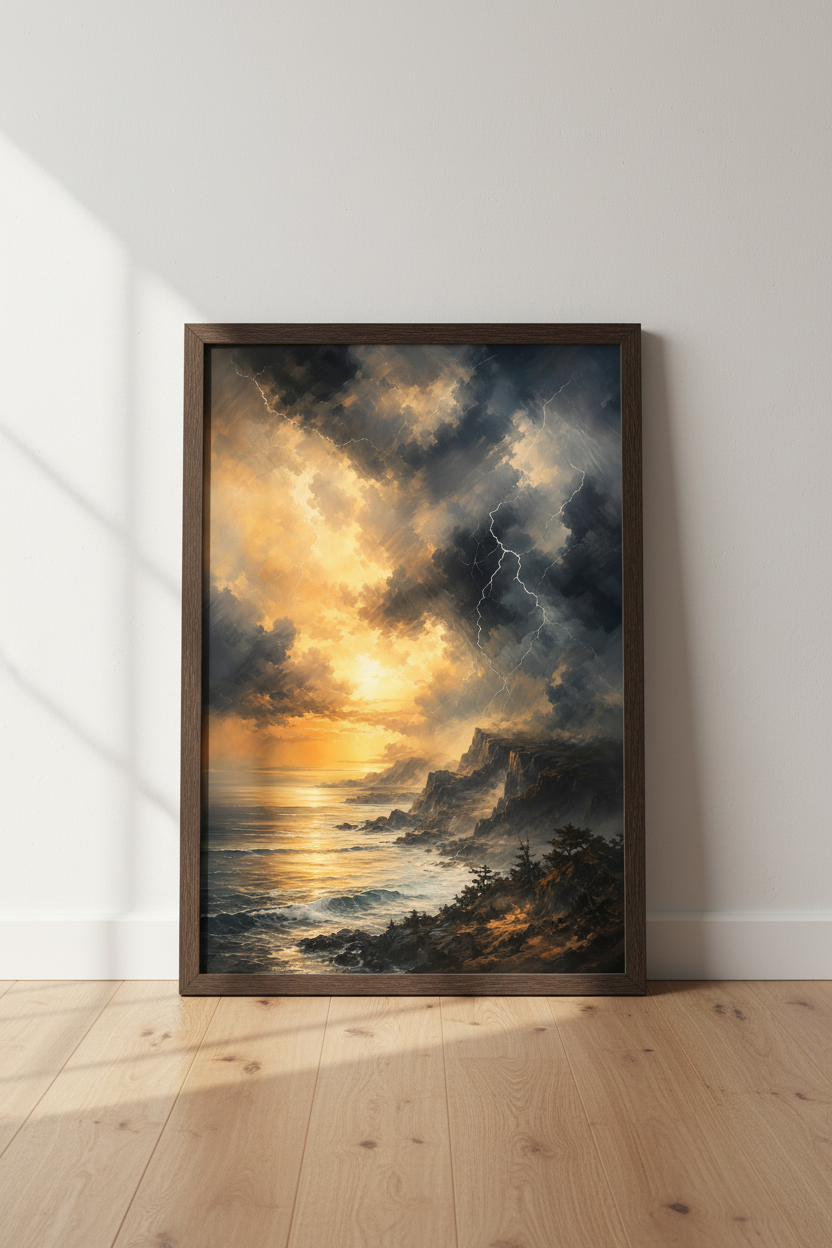 Stormy Ocean Lightning Wall Art | Coastal Sunset Painting | Moody Sea Poster