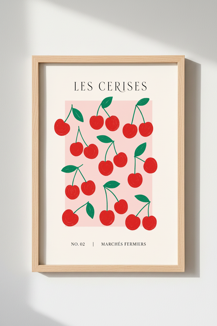 French Cherry Wall Art | Red Fruit Market Poster, Kitchen Dining Decor