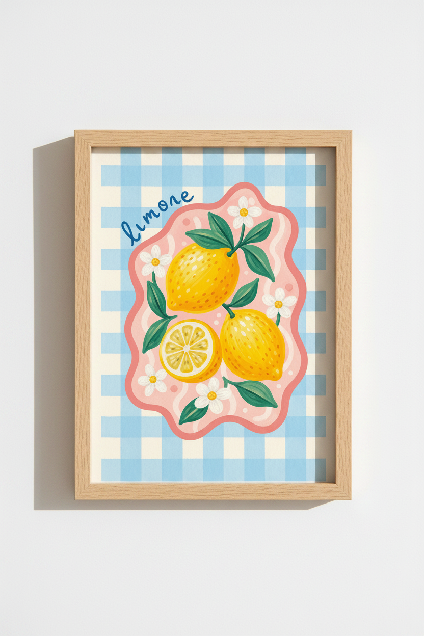 Lemon Kitchen Wall Art | Mediterranean Fruit Print, Blue Gingham Aesthetic Poster